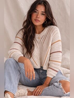 Grade & Gather | Ivory Chevron Open Knit Sweater Size Large